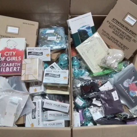 PALLET CONTAINING 4 BOXES OF ASSORTED FASHION AND HOUSEHOLD ITEMS TO INCLUDE: COSTUME/DRESS UP JEWELLERY,  BOOKS, CURTAIN TRACKS, PET TREAT DISPENSERS AND LOTS MORE BOXED ITEMS 