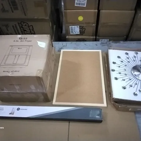 PALLET OF ASSORTED ITEMS TO INCLUDE A CLOCK, CORK BOARD ,DOOR BRACE, 5.5 L AIR FRYER
