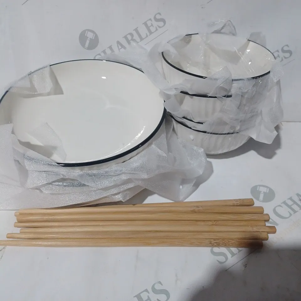 UNBRANDED CERAMIC DISH AND CHOPSTICK SET IN WHITE/BLACK