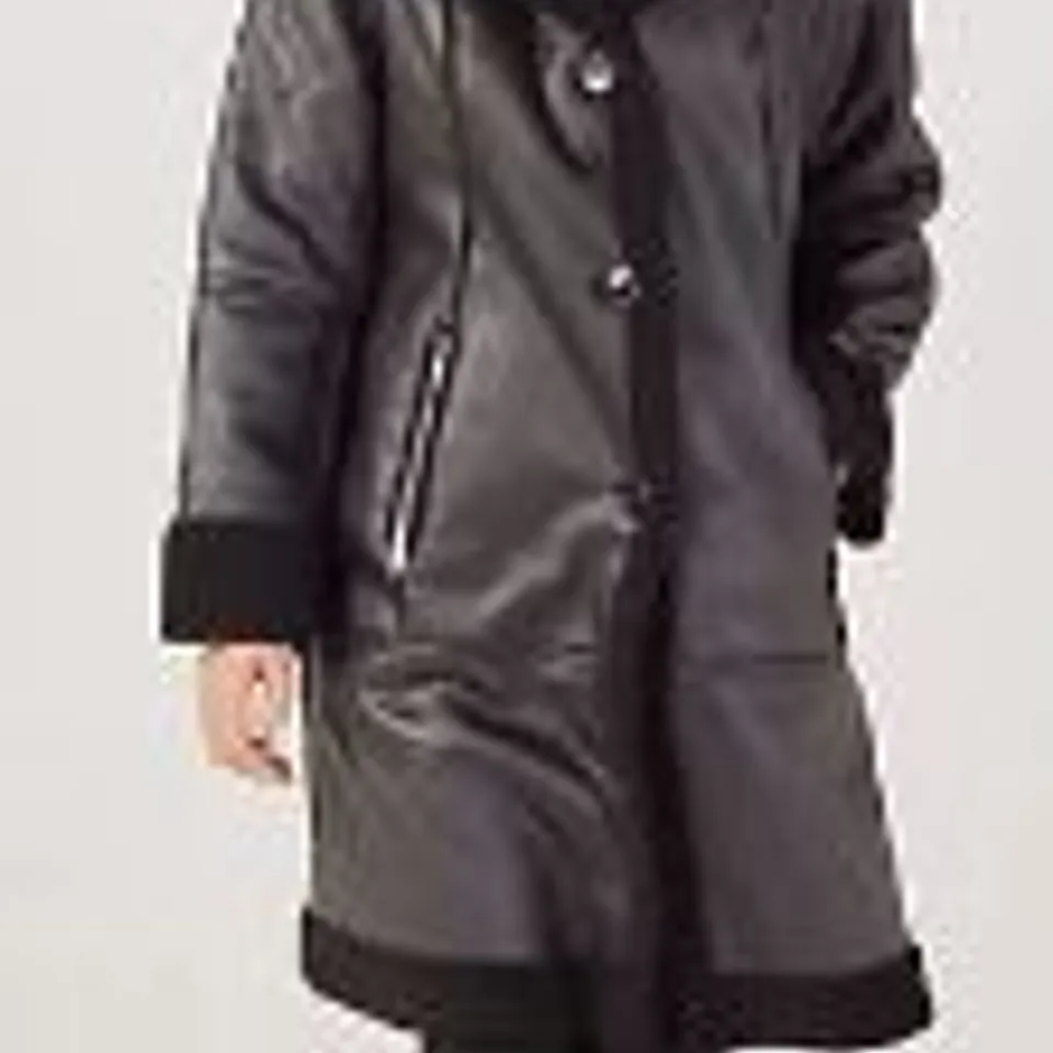 RUTH LANGSFORD FAUX SHEARLING LONGLINE COAT BLACK SIZE 16