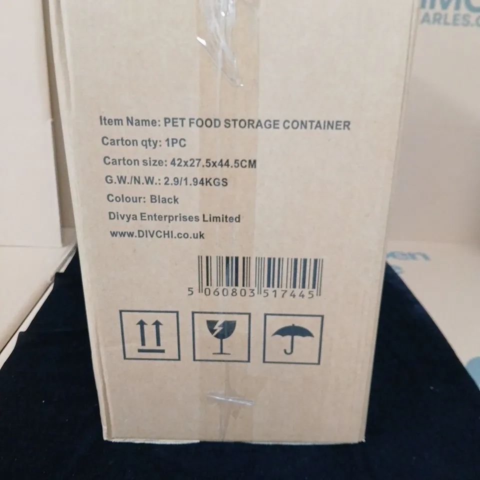 DIVYA ENTERPRISES PET FOOD STORAGE CONTAINER – BLACK, ON WHEELS.
