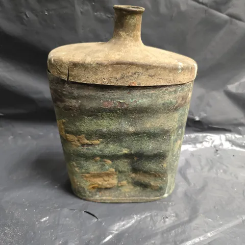 ANTIQUE LIDDED METAL BOTTLE WITH VERDIGRIS PATINA