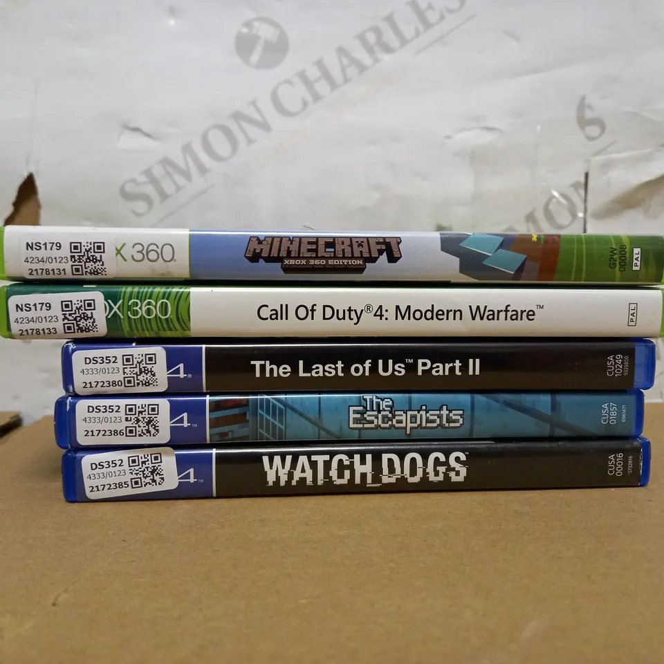 LOT OF APPROXIMATELY 5 GAMES TO INCLUDE MINECRAFT (XBOX360), COD 4 (XBOX360), THE ESCAPISTS (PS4) ETC