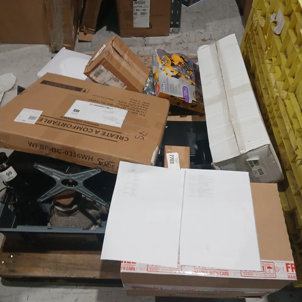 PALLET OF APPROXIMATELY 14 ASSORTED PRODUCTS TO INCLUDE; ACER MONITOR, TOSHIBA CAMERA BATTERY CHARGER, CRAST HAIR STYLER, BLUSHY 4 IN 1 FACIAL CLEANSING SYSTEM, LENOVO MONITOR, LIVMORE MASSAGE CLOUD P