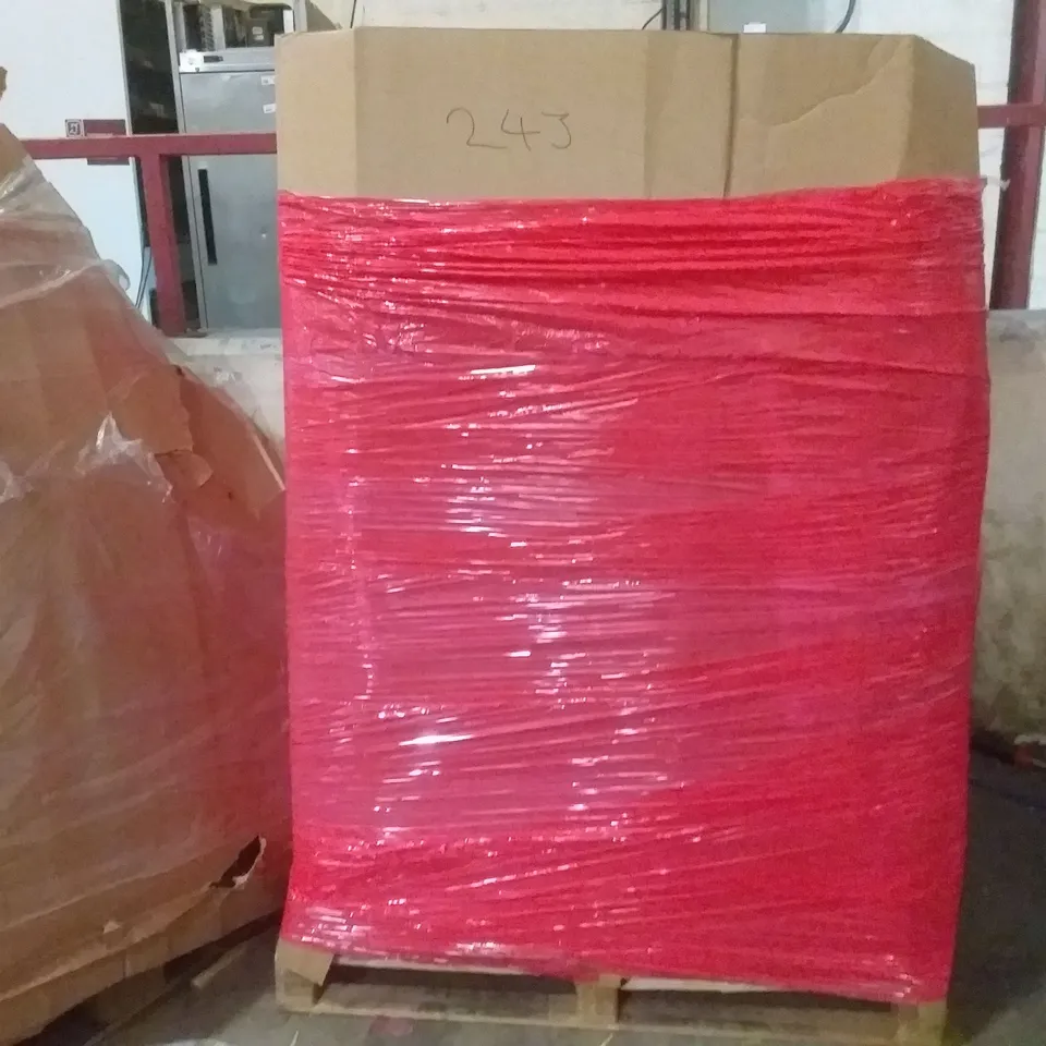 PALLET OF ASSORTED ITEMS INCLUDING STREAM PRESSURE WASHER, INVASION RETRACTABLE BROOM SET, LED COPYBOARD, MOSQUITO NET, HOME CONTACT PAPER, MINI IRONING BOARD