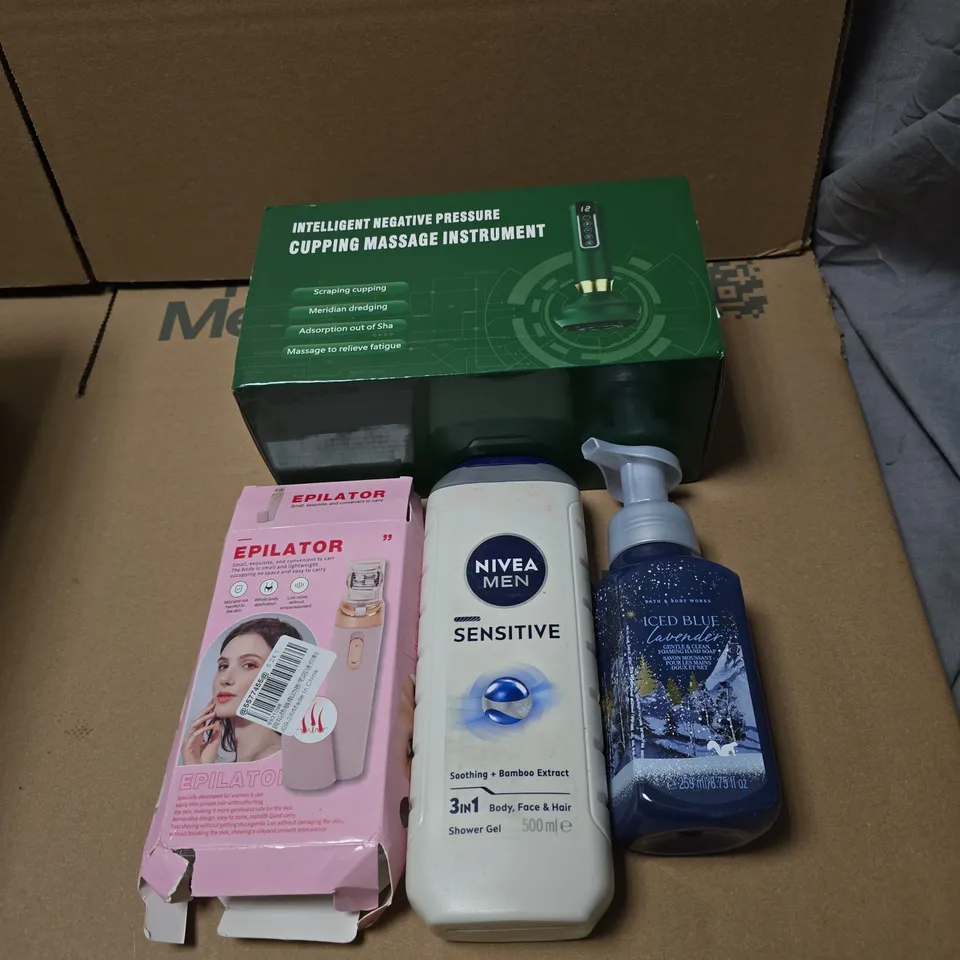 APPROXIMATELY 20 X ASSORTED COSMETIC ITEMS TO INCLUDE CUPPING MASSAGE INSTRUMENT, EPILATOR, NIVEA MEN SHOWER GEL, ICED BLUE LAVENDAR HAND SOAP ETC