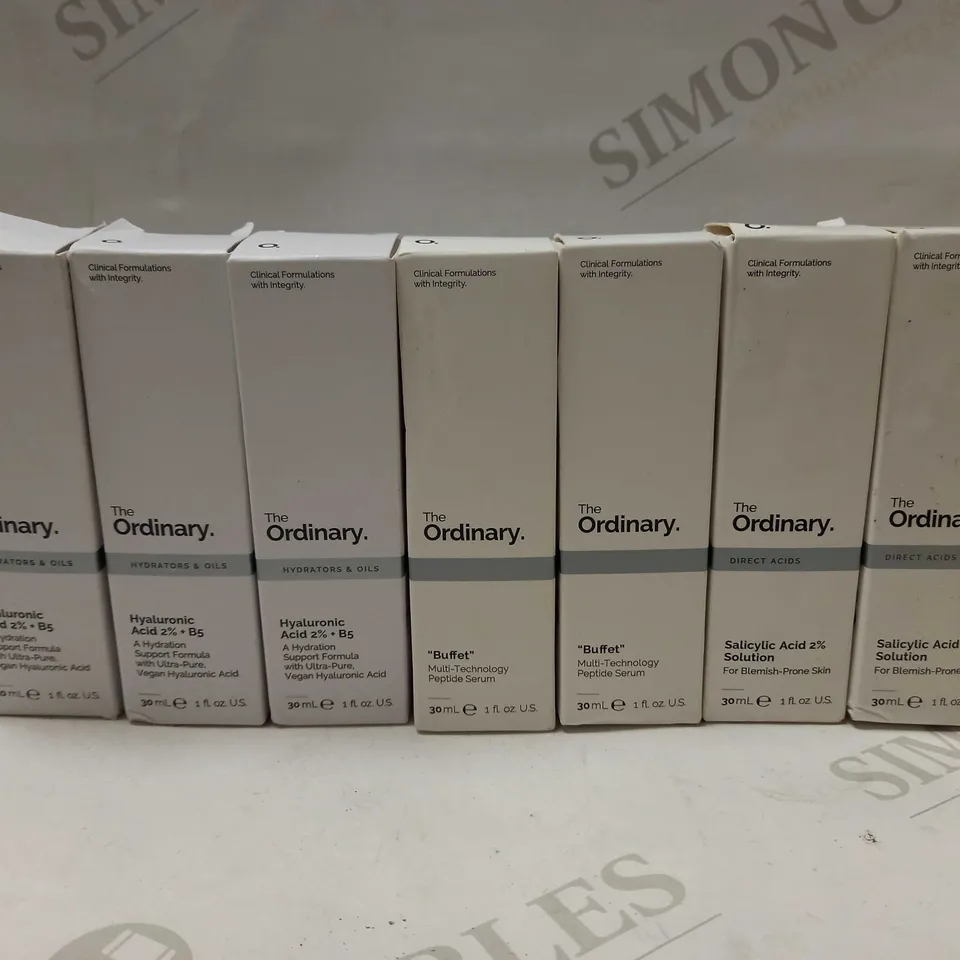 LOT OF APPROX 7 ASSORTED THE ORDINARY PRODUCTS TO INCLUDE " BUFFET", "SALICYLIC ACID SOLUTION", "HYALURONIC ACID"
