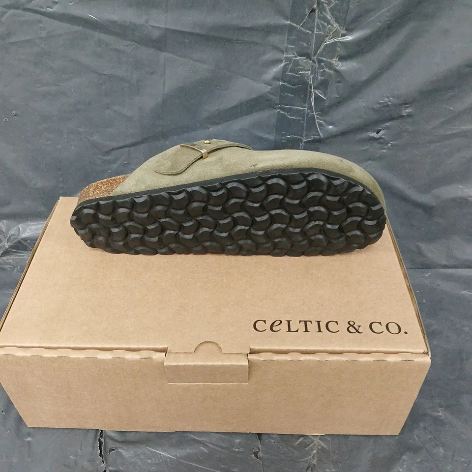 BOXED PAIR OF CELTIC & CO STUD STRAP CLOG OLIVE SUEDE SIZE 39 
