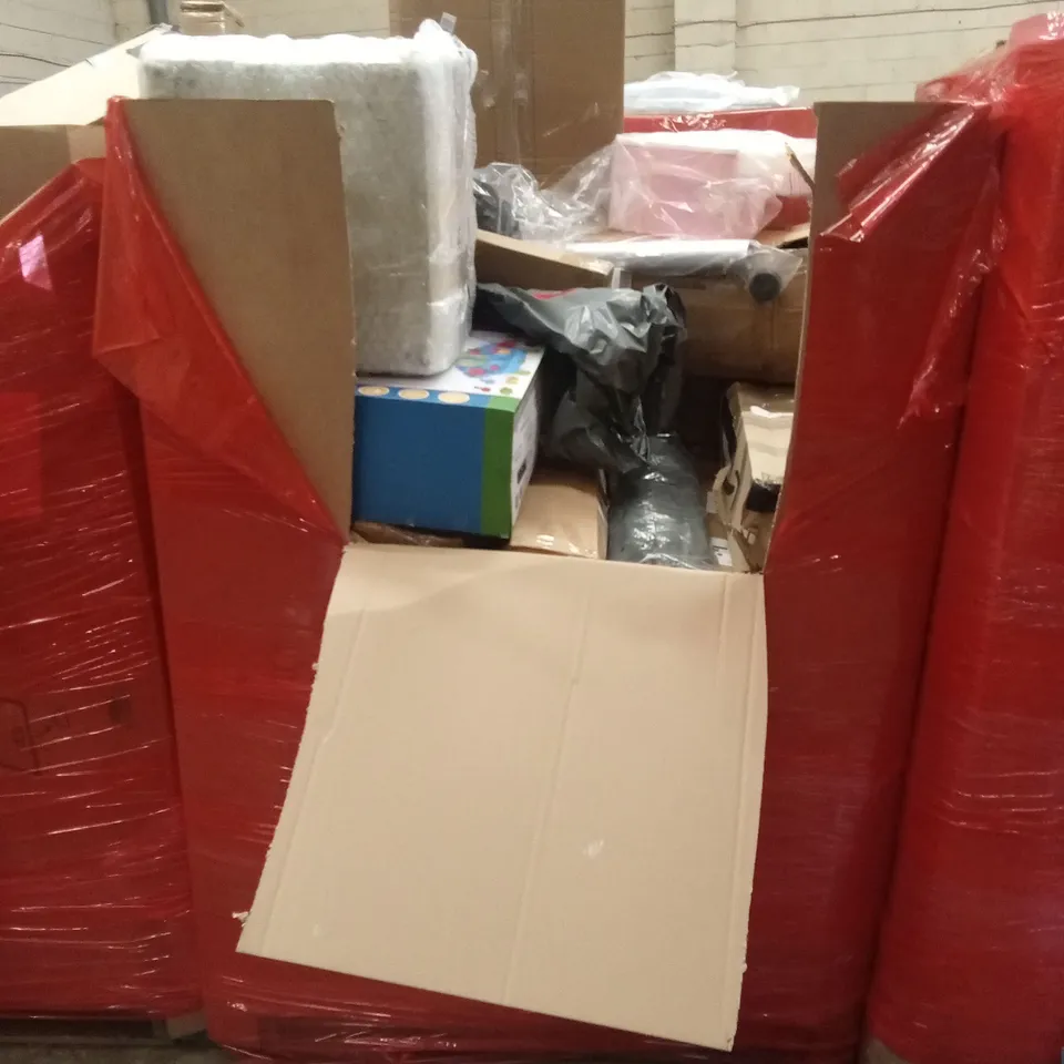 PALLET OF ASSORTED HOUSEHOLD GOODS AND PRODUCTS TO INCLUDE; TOILET SEAT, KIDS TOYS, NURSERY ITEMS ETC