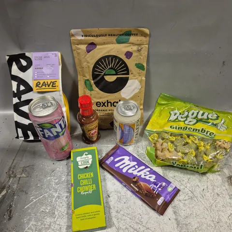 APPROXIMATELY 10 ASSORTED FOOD/DRINK PRODUCTS TO INCLUDE MILKA CHOCOLATE, EXHALE COFFEE, FANTA ETC