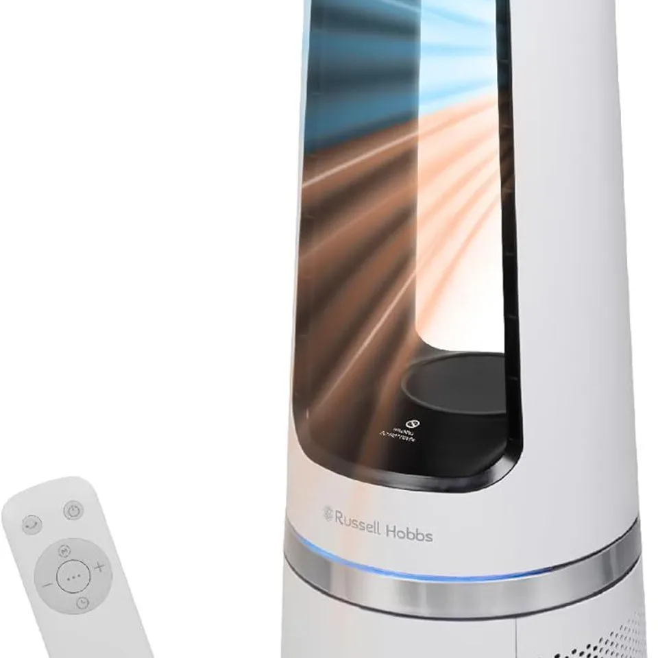 BOXED RUSSELL HOBBS QUIET BLADELESS TOWER FAN & HEATER WITH REMOTE CONTROL, TOUCH CONTROL, 85CM TALL, 12 SPEED SETTINGS, 12 HOUR ADJUSTABLE TIMER, OSCILLATING 2KW, WHITE, RHBLDL25W