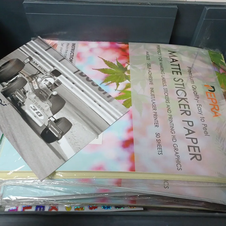 BOX OF APPROXIMATELY 15 ASSORTED ITEMS TO INCLUDE -  EPRA MATTE STICKER PAPER , LIME BASIL & MANDARIN SOY WAX , CISIVIS CUTTING WHEEL ETC