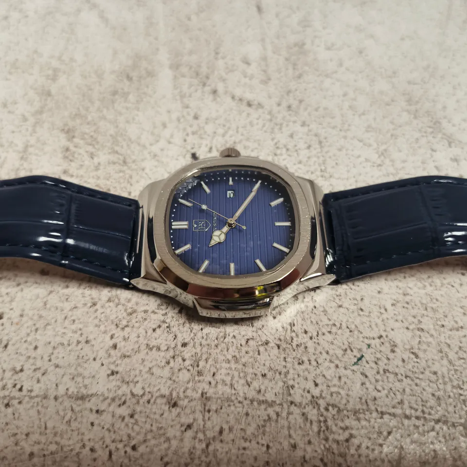 STAINLESS STEEL WRISTWATCH WITH BLUE DIAL AND BLUE LEATHER STRAP IN GREEN PRESENTATION BOX