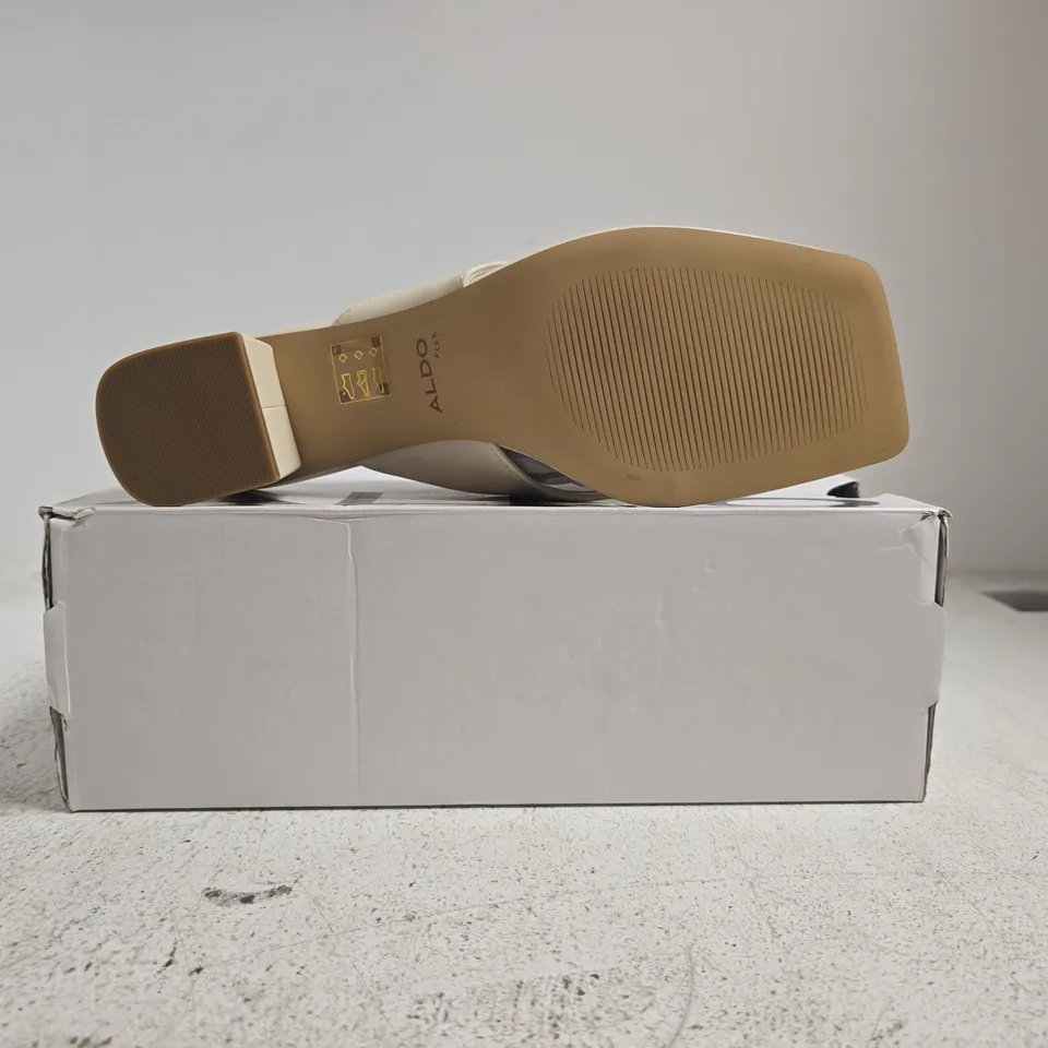 BOXED PAIR OF ALDO TOE-POST BLOCK HEEL SANDALS IN CREAM SIZE 8