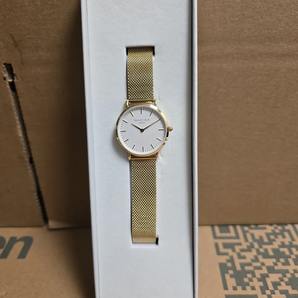 ROSEFIELD GOLD-TONE MESH WATCH – WHITE DIAL