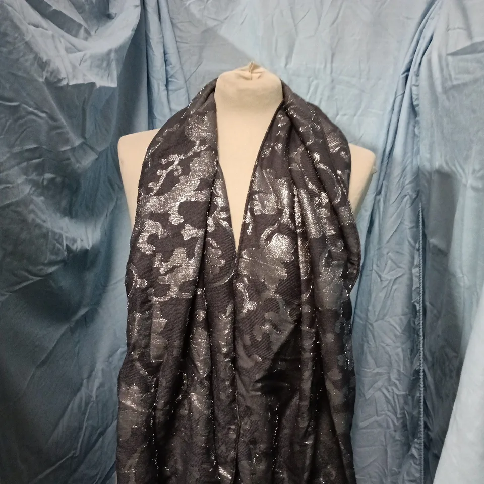AQUASCUTUM SILK SQUARE SCARF – BLACK/CHARCOAL WITH METALLIC PATTERN