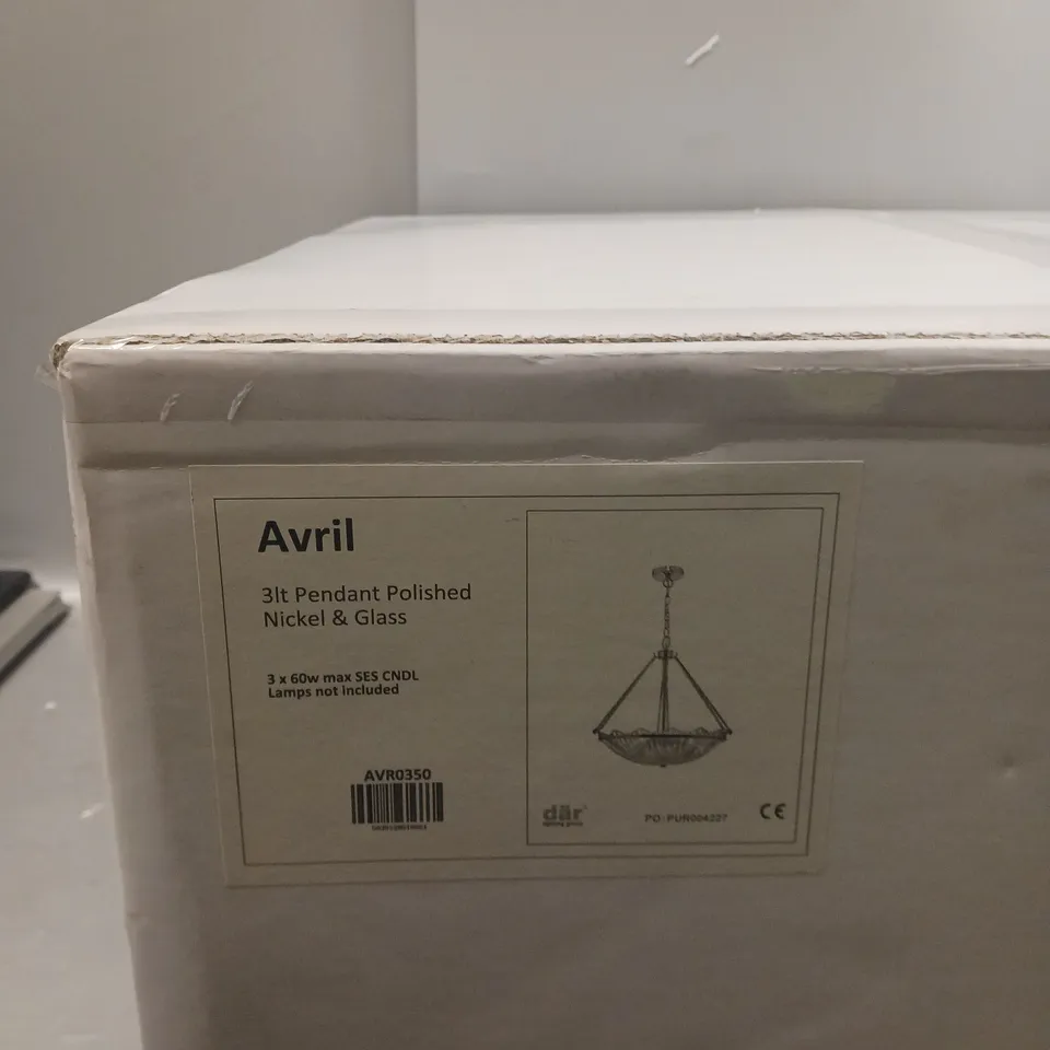 BRAND NEW BOXED DAR LIGHTING AVRIL 3 LIGHT NICKEL & GLASS PENDANT LIGHT - COLLECTION ONLY 