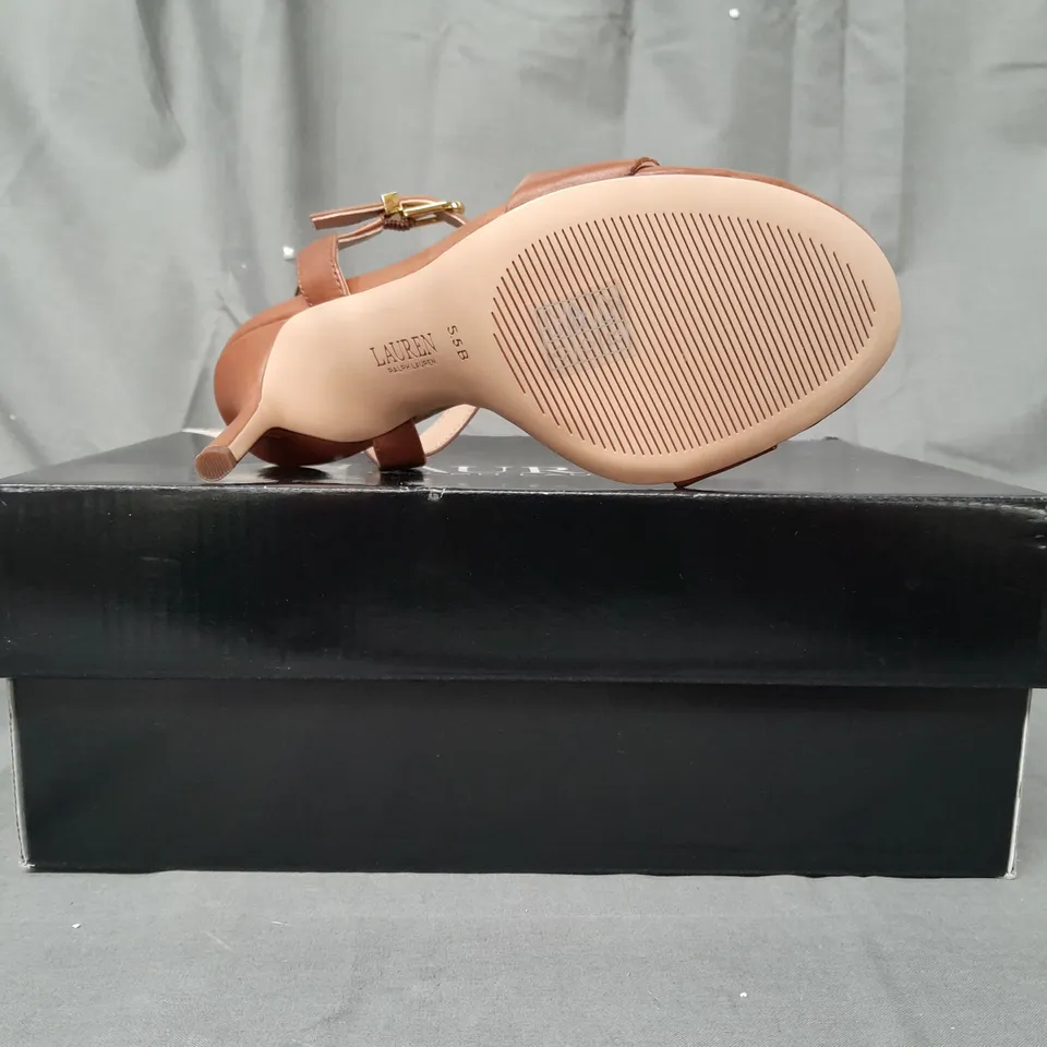 BOXED PAIR OF RALPH LAUREN OPEN TOE HIGH HEEL SANDALS IN BROWN UK SIZE 3.5