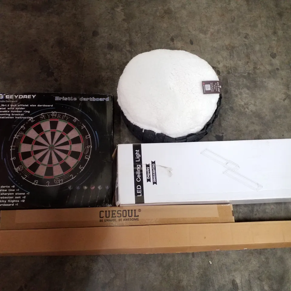 PALLET OF ASSORTED PRODUCTS INCLUDING LED CEILING LIGHT, POOL CUE, DART BOARD, ADJUSTABLE CURTAIN POLE, PET BED