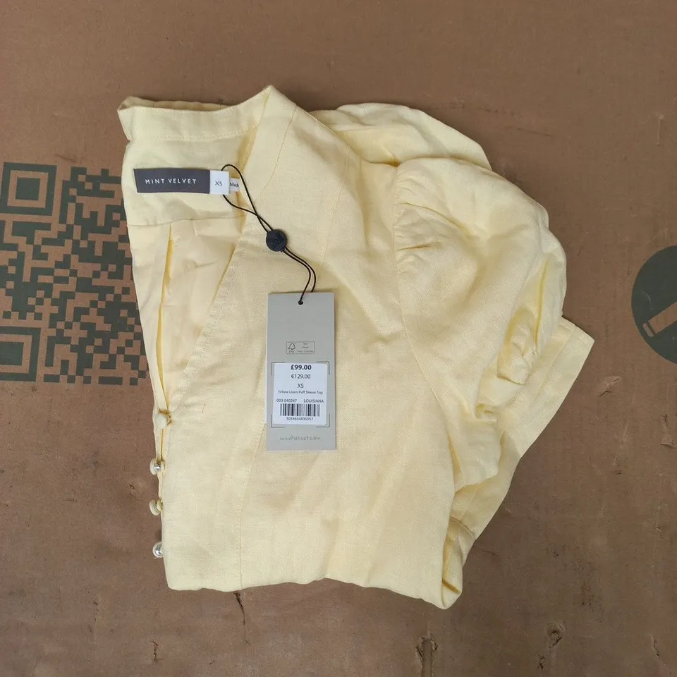 MINT VELVET LINEN PUFF SLEEVE TOP IN YELLOW SIZE XS