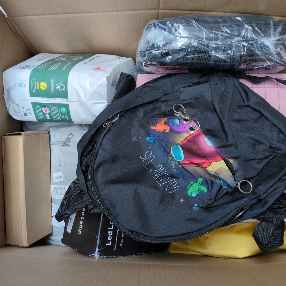 BOX OF APPROXIMATELY 15 ASSORTED HOUSEHOLD ITEMS TO INCLUDE BACKPACKS , ADULT NAPPIES , LED LAMPS , ETC 