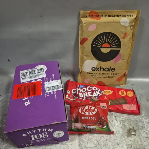 APPROXIMATELY 8 ASSORTED FOOD/DRINK PRODUCTS TO INCLUDE EXHALE COFFEE, KIT KAT MINI EGGS, RHYTHM COOKIES ETC 