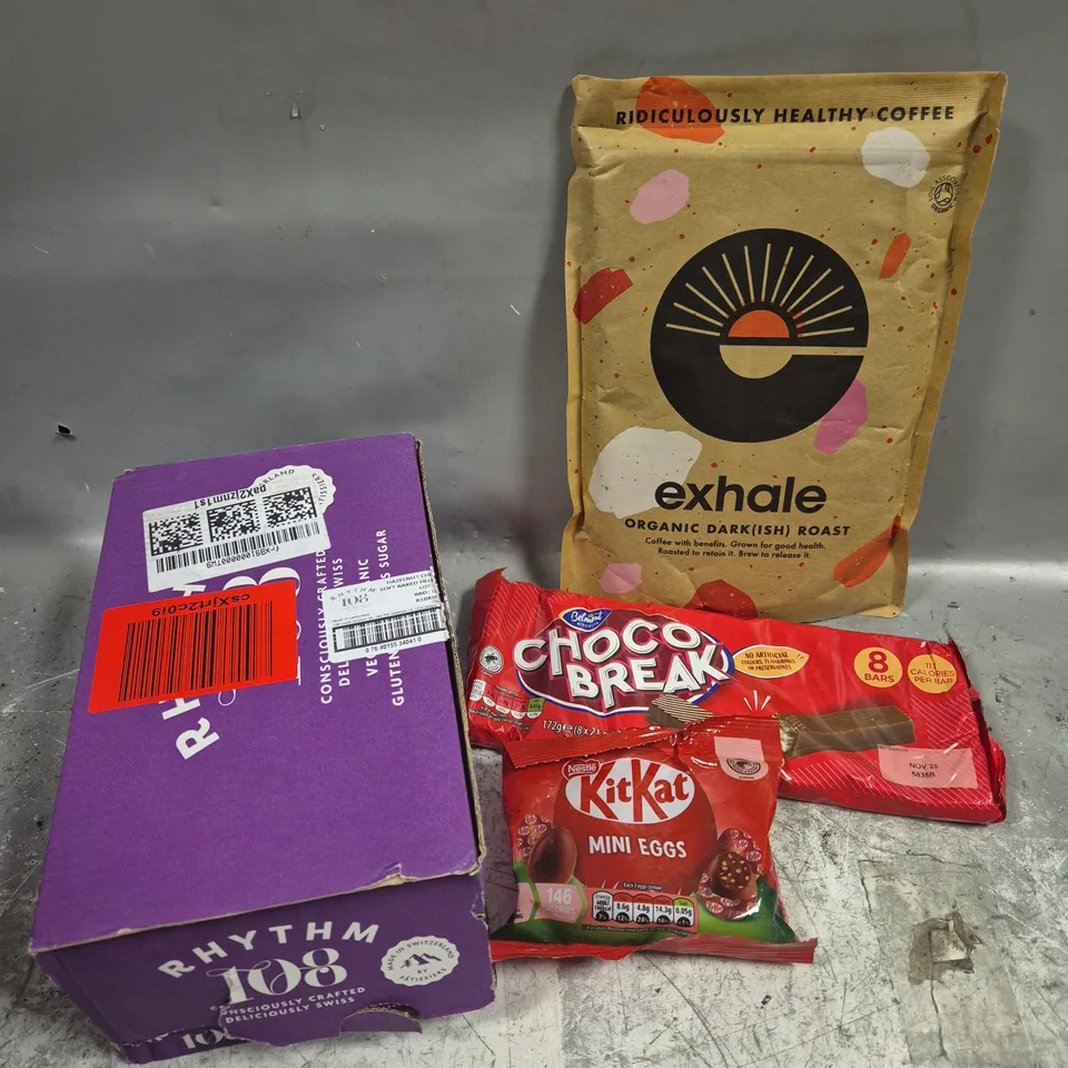 APPROXIMATELY 8 ASSORTED FOOD/DRINK PRODUCTS TO INCLUDE EXHALE COFFEE, KIT KAT MINI EGGS, RHYTHM COOKIES ETC 