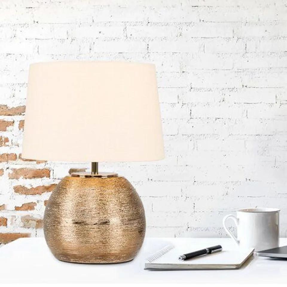 BOXED DEMOTT 34CM TABLE LAMP- GOLD BASE & YELLOW SHADE