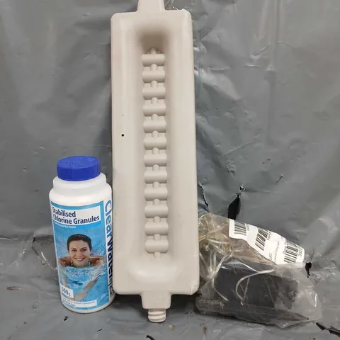 BOX OF APPROXIMATELY 10 ASSORTED HOUSEHOLD ITEMS TO INCLUDE STABILISED CHLORINE GRANULES, STRING LIGHTS, ETC - COLLECTION ONLY