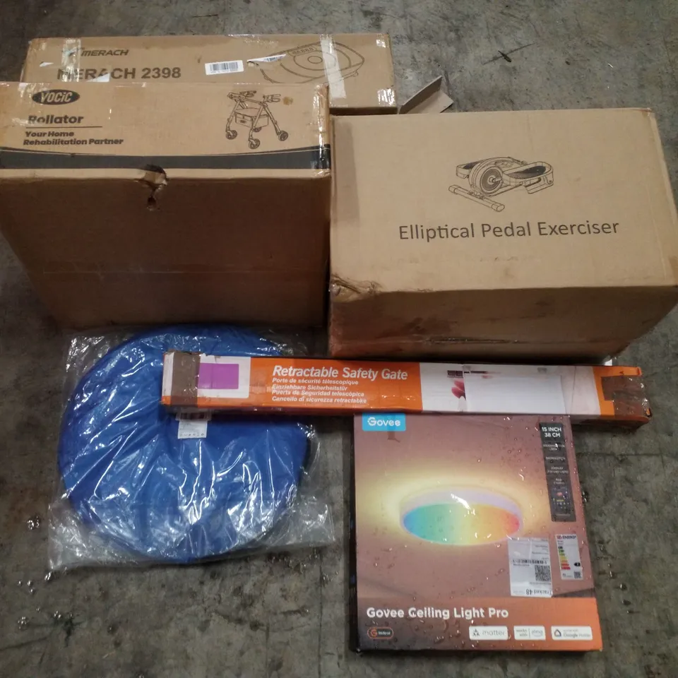 PALLET CONTAINING ASSORTED PRODUCTS INCLUDING VIBRATION PLATE, ROLLATOR, ELLIPTICAL PEDAL EXERCISER, RETRACTABLE SAFETY GATE, BEACH TENT & GOVEE CEILING LIGHT PRO