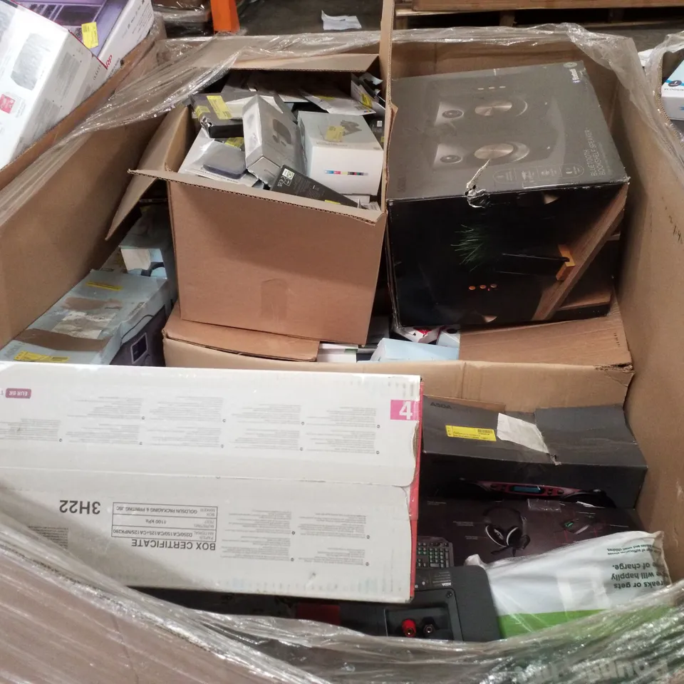 PALLET CONTAINING ASSORTED ELECTRICAL PRODUCTS INCLUDING BLUETOOTH BOOKSHELF SPEAKER, CANON PIXMA TS3350 PRINTER, 2.0 SOUNDBAR, FM ALARM CLOCK, DVD PLAYER WITH HDMI FUNCTION & AERIAL
