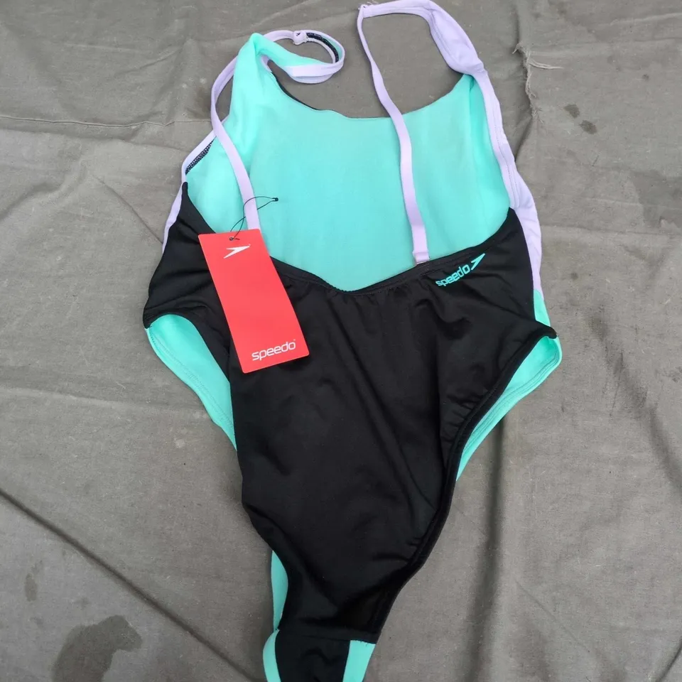 SPEEDO COLORBLOCK CONVERTIBLE 1-PIECE SWIMSUIT – BLACK WITH LAVENDER & TEAL (WOMENS) - UK MEDIUM