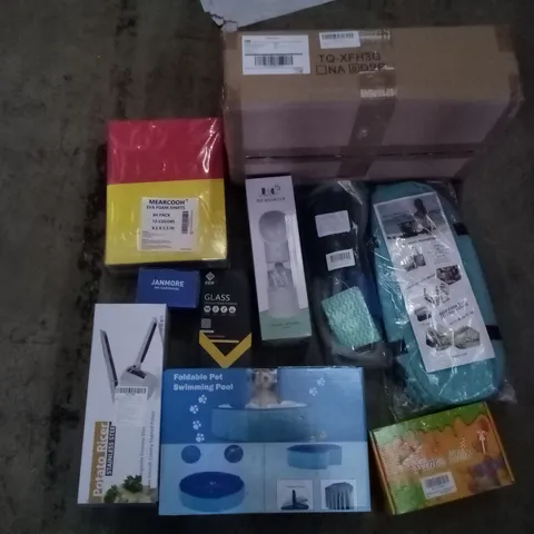 PALLET OF 6 BOXES CONTAINING ASSORTED ITEMS INCLUDING FOLDABLE PET SWIMMING POOL, SLIME KITS, PET WATER CUP, EVA FOAM SHEETS, POTATO RICER, MAIL SORTER 
