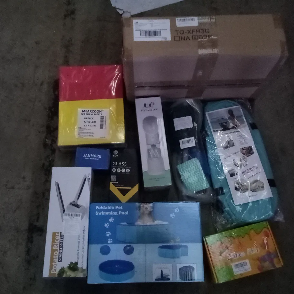 PALLET OF 6 BOXES CONTAINING ASSORTED ITEMS INCLUDING FOLDABLE PET SWIMMING POOL, SLIME KITS, PET WATER CUP, EVA FOAM SHEETS, POTATO RICER, MAIL SORTER 