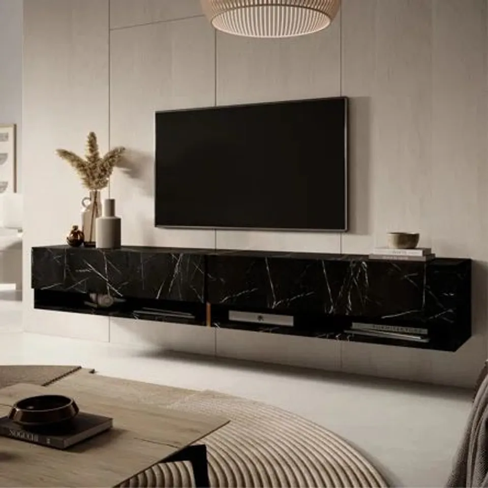 BOXED MIRRGO TV CABINET 200CM BLACK MARBLE SITH GOLD