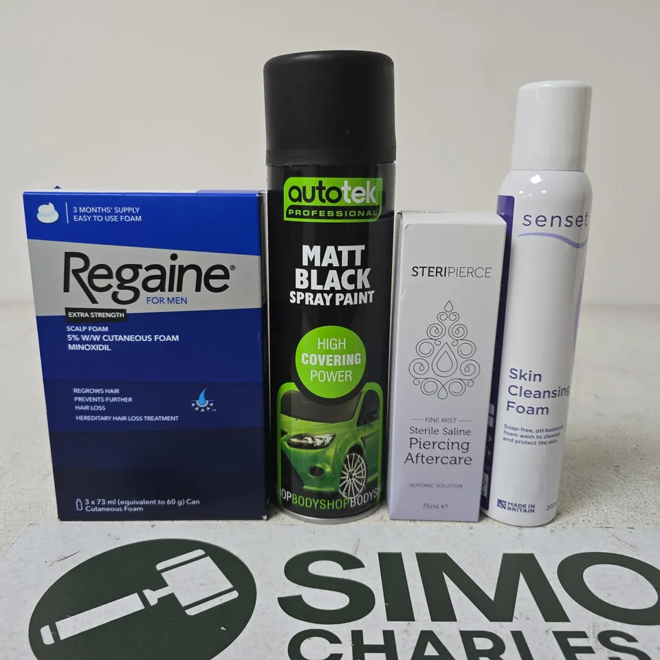 APPROXIMATELY 15 ASSORTED AEROSOLS TO INCLUDE REGAINE FOR MEN, SENSE SKIN CLEANSING FOAM, STERIPIERCE PIERCING AFTERCARE, AUTOTEK MATT BLACK SPRAY PAINT