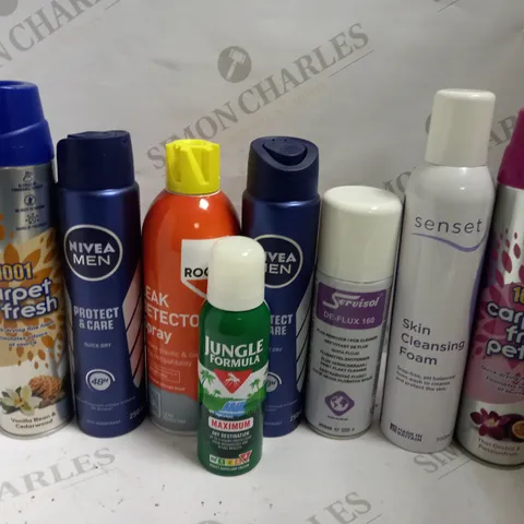 BOX OF APPROX 20 ASSORTED AEROSOLS INCLUDING 1001 CARPET FRESH PET, JUNGLE FORMULA MAXIMUM AND ROCOL LEAK DETECTOR - COLLECTION ONLY