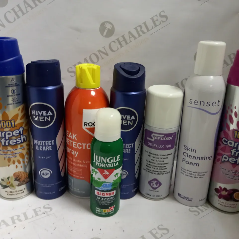 BOX OF APPROX 20 ASSORTED AEROSOLS INCLUDING 1001 CARPET FRESH PET, JUNGLE FORMULA MAXIMUM AND ROCOL LEAK DETECTOR - COLLECTION ONLY