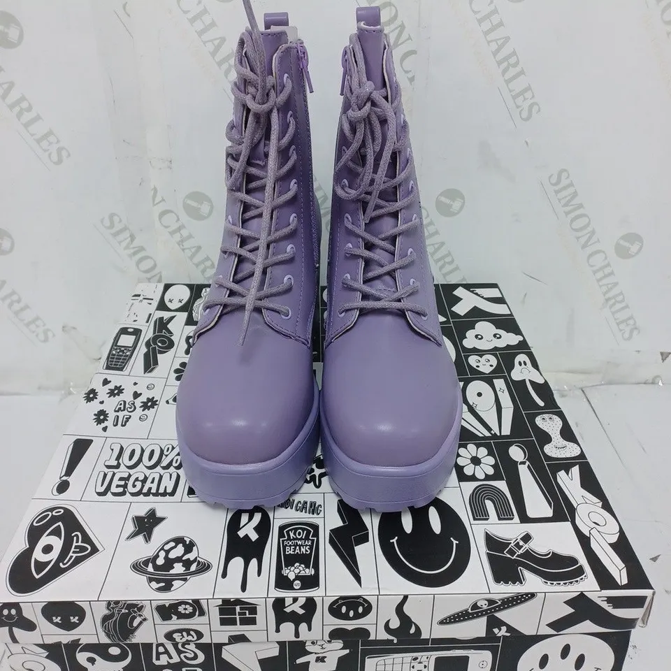 KOI FOOTWEAR LADIES LAVENDER LACE UP WITH ZIP CHUNKY HEEL BOOTS SIZE 3