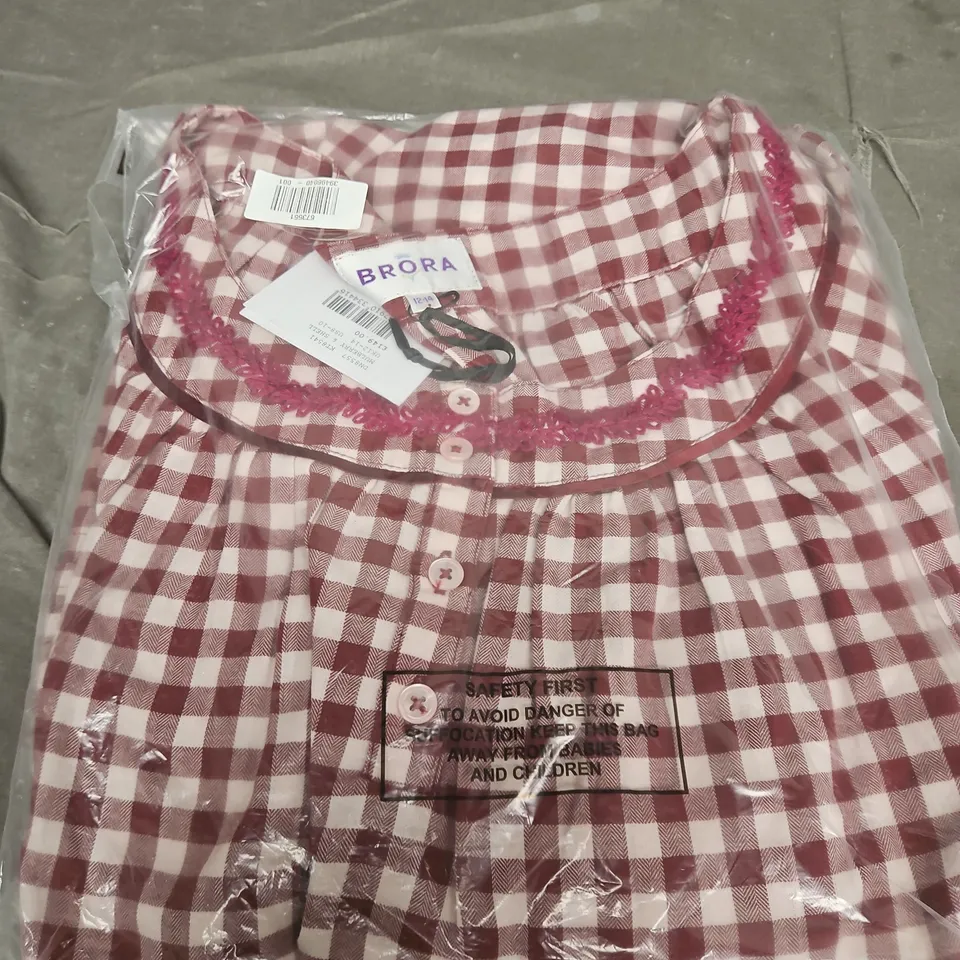 BRORA WOMEN'S CHECK SHIRT WITH PINK EMBROIDERED NECKLINE – UK 12-14 