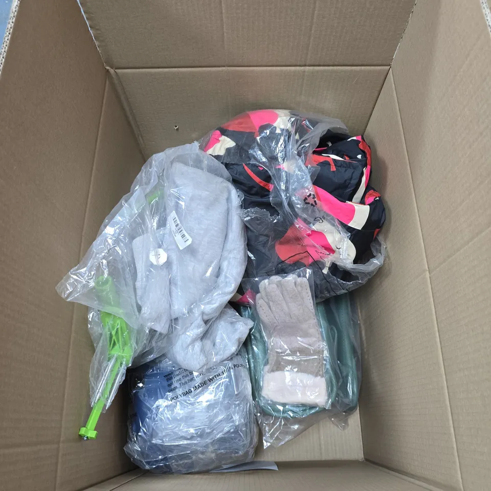 BOX OF APPROXIMATELY 10 ASSORTED ITEMS INCLUDING STEAMER POT AND FAUX FUR SHAWL 