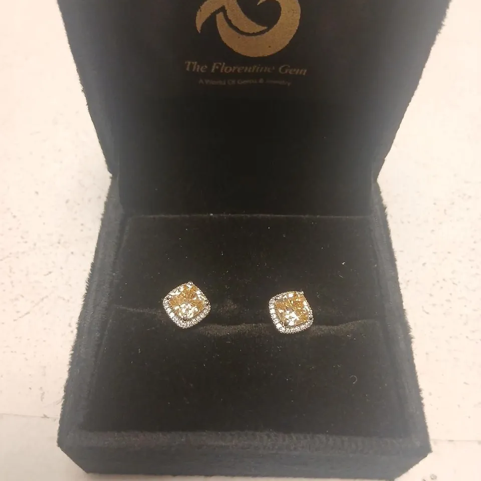 THE FLORENTINE GEM YELLOW CUSHION-CUT HALO STUD EARRINGS