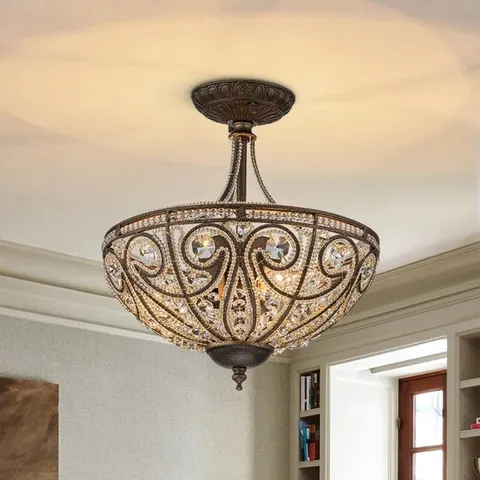 BOXED 3-LIGHT DRUM CRYSTAL SEMI FLUSH MOUNT