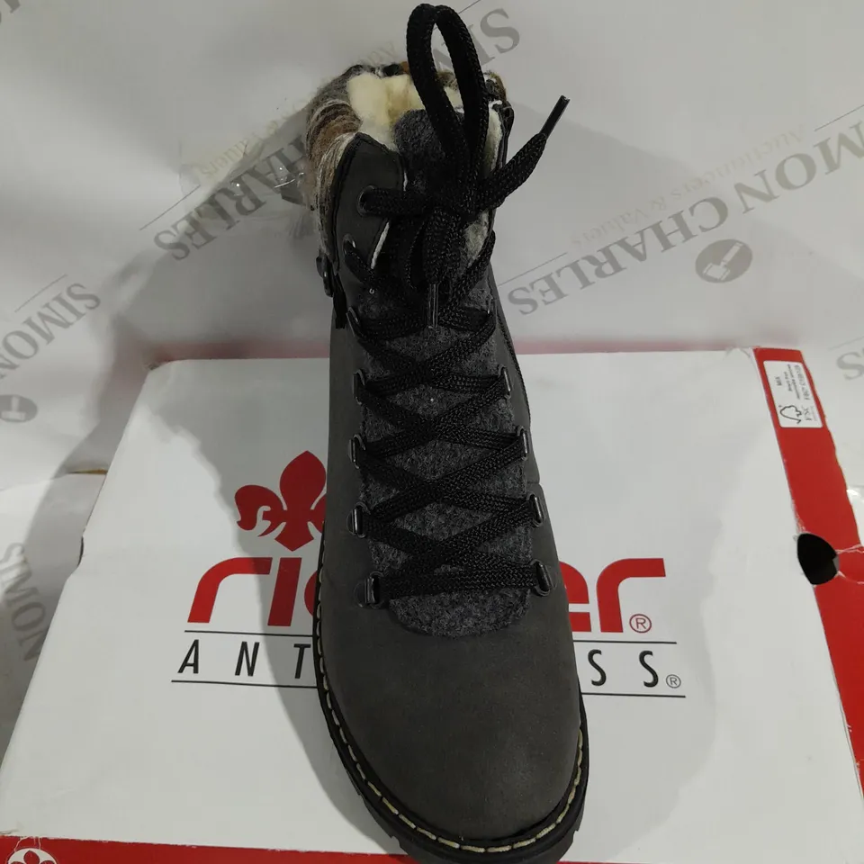 BOXED PAIR OF RIEKER HIKING BOOTS IN GREY - SIZE 5