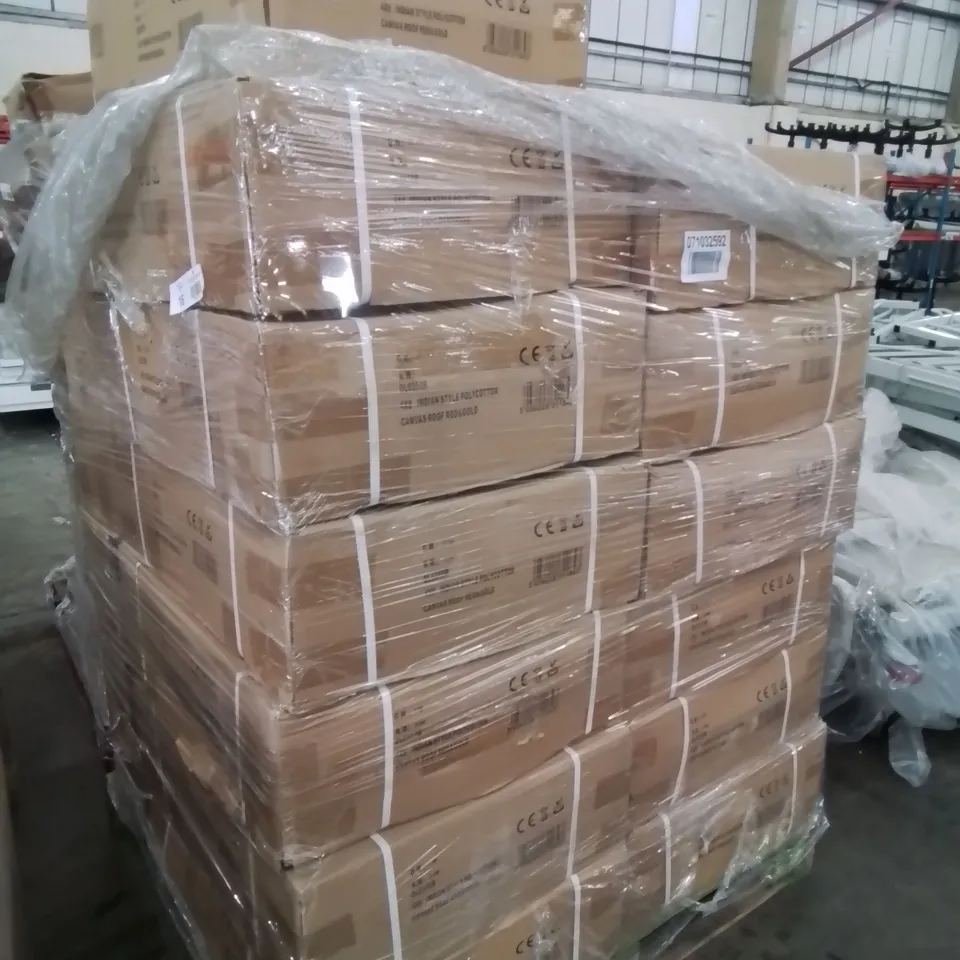 PALLET OF 17 BOXED 4 X 8 INDIAN STYLE POLYCOTTTON CANVAS ROOFS 425G M2 350MM RED AND GOLD