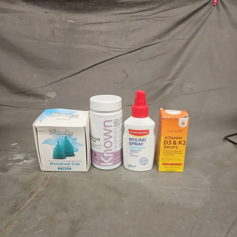 TOTE OF APPROXIMATELY 20 ASSORTED HEALTHCARE PRODUCTS TO INCLUDE ATHENA MENSTRUAL CUP - ELASTOPLAST WOUND SPRAY AND KNOWN MENOPAUSE SUPPORT SUPPLEMENTS