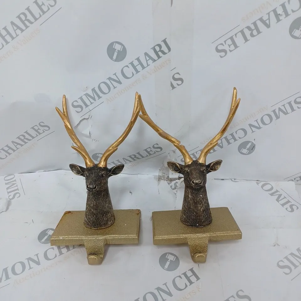 BOXED SET OF TWO ALISON CORK ANIMAL STOCKING HOLDERS - STAG