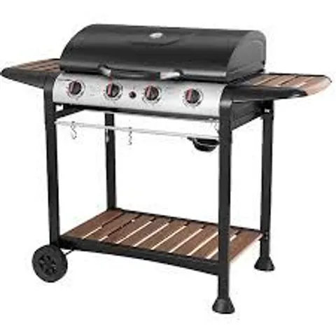 BOXED GEORGE FOREMAN GFGBBQ4BW 4 BURNER GRILL GAS BBQ - BLACK & WOOD EFFECT
