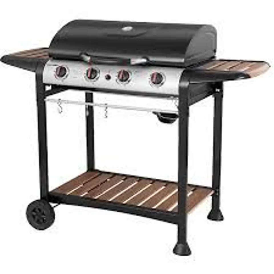 BOXED GEORGE FOREMAN GFGBBQ4BW 4 BURNER GRILL GAS BBQ - BLACK & WOOD EFFECT