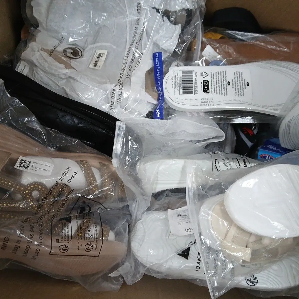 BOX OF APPROXIMATELY 15 ASSORTED PAIRS OF SHOES AND FOOTWEAR ITEMS IN VARIOUS COLOURS, STYLES, AND SIZES - COLLECTION ONLY